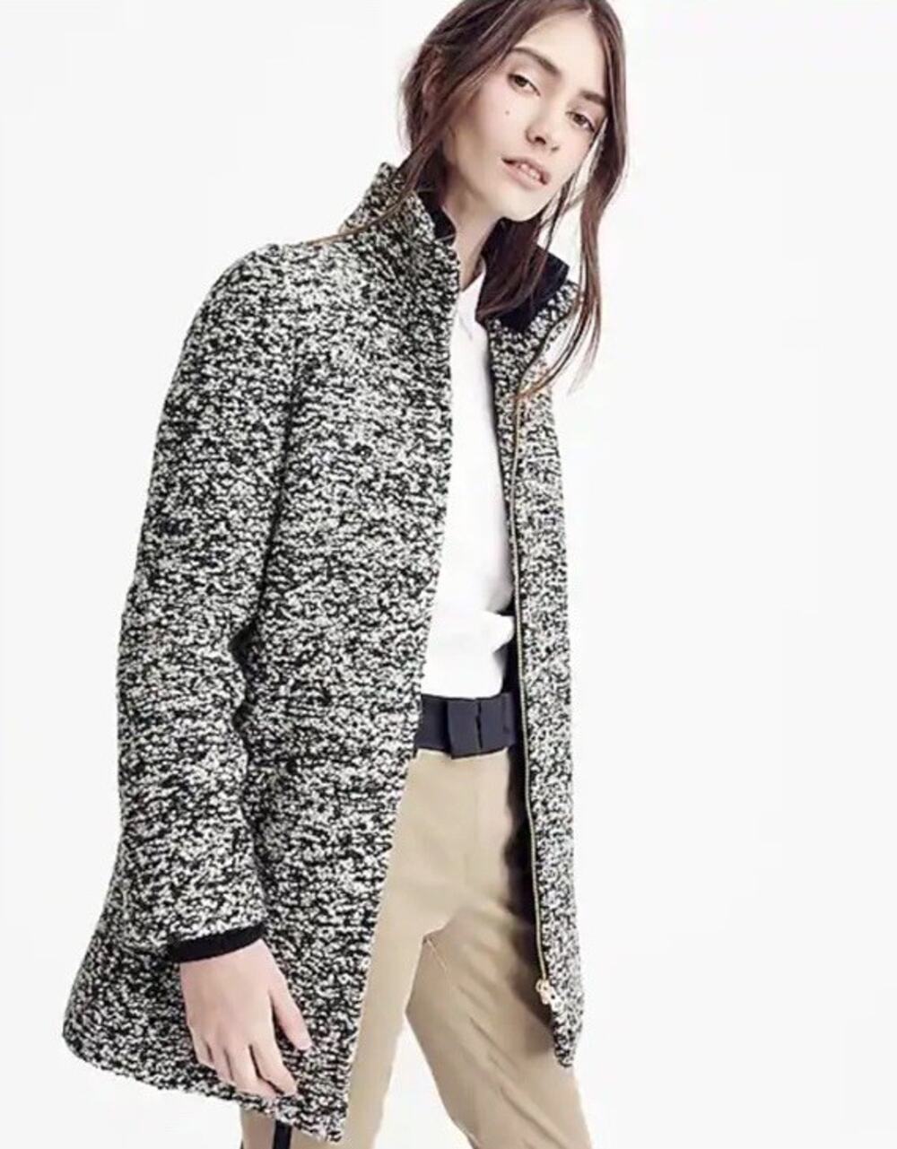 J. Crew Coat Italian Wool Lodge Zip Up in Boucle Speckled Black White Women’s 4